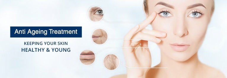 A woman's face with wrinkles is shown alongside magnified insets of wrinkled skin near her eye, mouth, and cheek. Text reads "Anti Ageing Treatment: KEEPING YOUR SKIN HEALTHY & YOUNG".