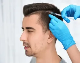 A medical professional with gloved hands administers an injection into a man's scalp near his hairline.