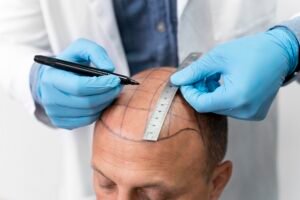 A medical professional with gloved hands marks a grid pattern on a man's scalp with a marker and ruler, preparing for a hair procedure.