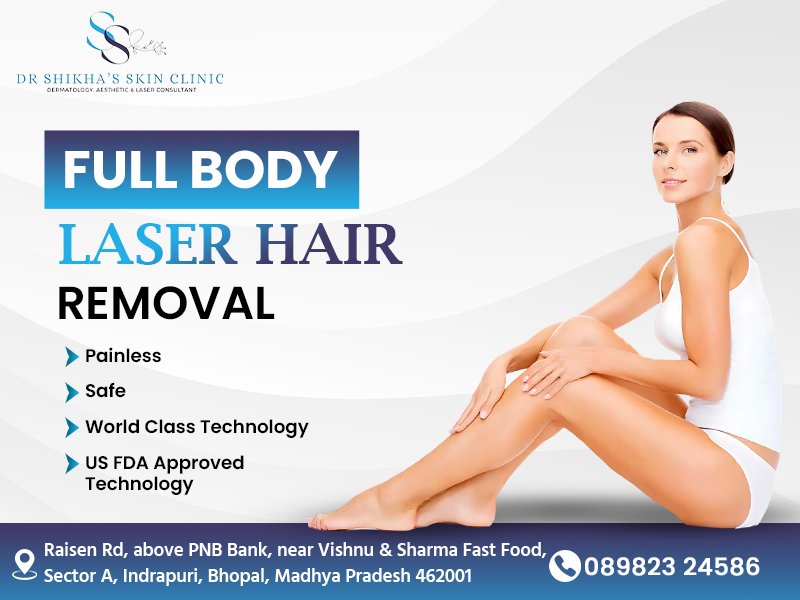 A woman sits and touches her smooth legs. Text promotes "FULL BODY LASER HAIR REMOVAL" and lists benefits like "Painless" and "Safe". The logo and name of Dr Shikha's Skin Clinic, Bhopal address, and phone number are also included.