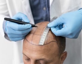 Scalp Mapping for Hair Procedure A medical professional with gloved hands marks a grid pattern on a man's scalp with a marker and ruler, preparing for a hair procedure.